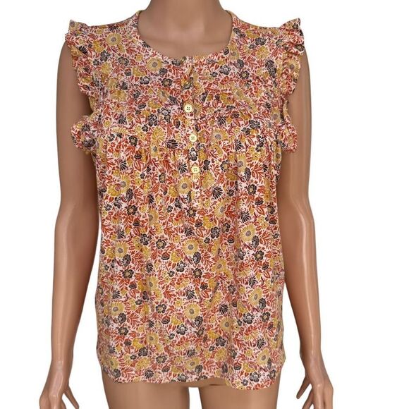 Loft Island Floral Ruffle Henley Top blouse 100% cotton size M - Picture 2 of 8